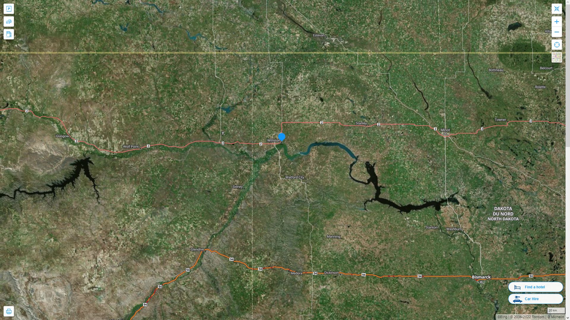 Williston North Dakota Highway and Road Map with Satellite View